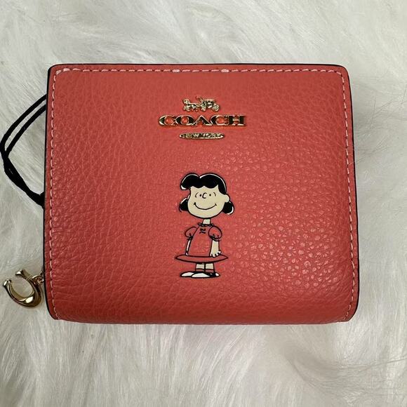 Coach X Peanuts Snap Wallet With Lucy In Leather/Bright Coral Multi CBN89 NWT - Picture 1 of 6